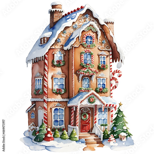 Watercolor gingerbread house. Christmas illustration. Holiday design