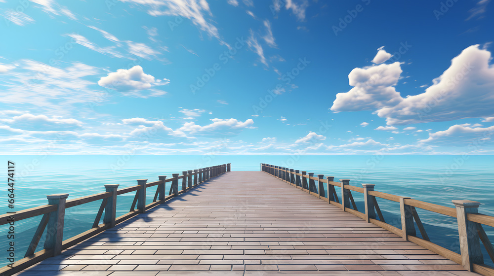 Obraz premium Offer a unique view from the end of a seaside pier, with the vast expanse of the sea extending outwards, creating a perspective of endless possibilities.