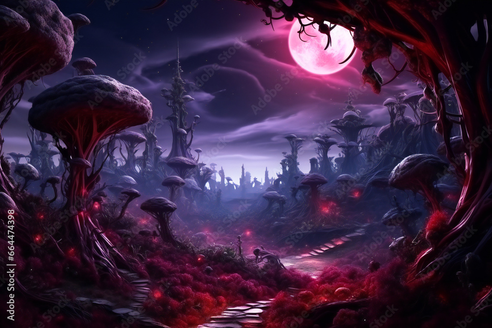 Fototapeta premium Fabulous trees and plants on an alien planet in twilight