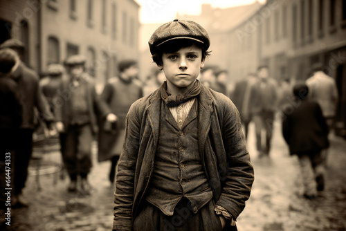 A boy standing on the street. Vintage 1900s style street photography.