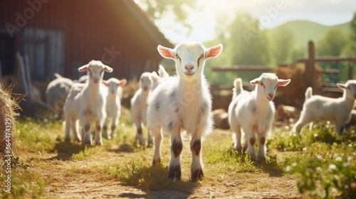 There are young goats in the summer. animal farm. photo