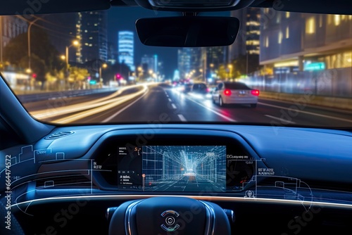 Modern smart car technology intelligent system using Heads up display (HUD) Autonomous self driving mode vehicle on city road with graphic sensor radar signal system intelligent car. photo