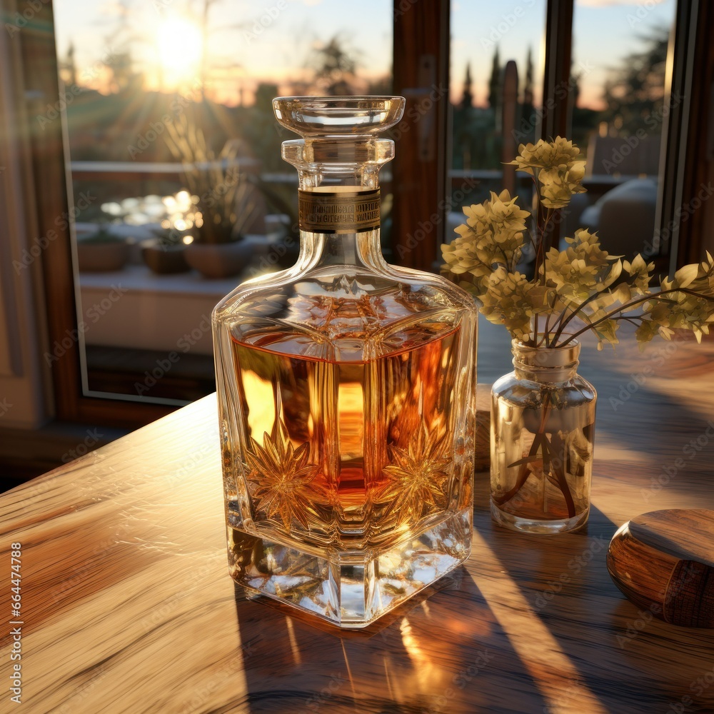 Decorative alcohol, liquor decanter displayed on table with flowers next to window Decorative alcohol, liquor decanter displayed on table with flowers next to window