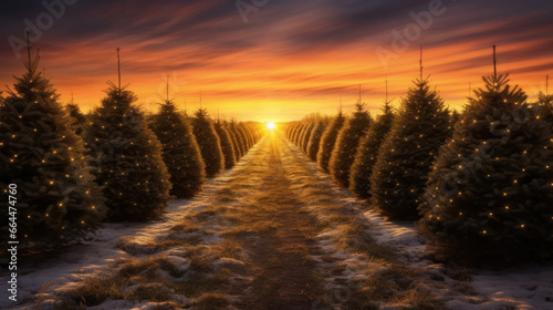 Winter Twilight Over a Christmas Tree Plantation: Majestic Scenery in Golden Light