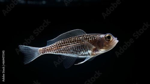 A small freshwater ray-finned fish with a typical length of 3.5 cm (1.4 in) is called a marbled hatchetfish (Carnegiella strigata).