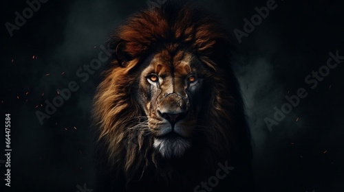 Beautiful Lion Portrait with Lion in the Dark.