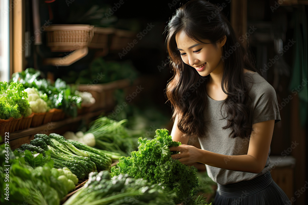 Asian woman harvesting fresh vegetable from farm Asian woman harvesting fresh vegetable from farm
