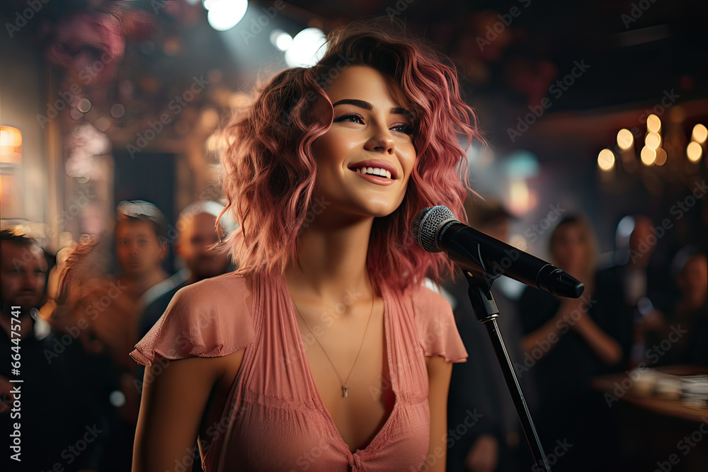 beautiful stylish woman dance and singing karaoke beautiful stylish woman dance and singing karaoke