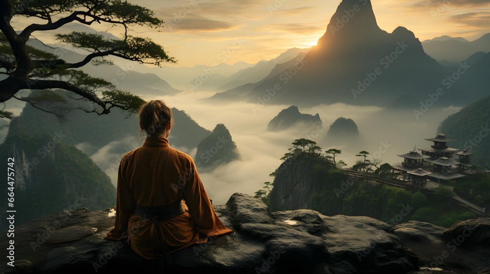 A woman finding peace and tranquility while gazing at majestic mountains, showcasing emotional and spiritual healing, Created with Generative AI Technology