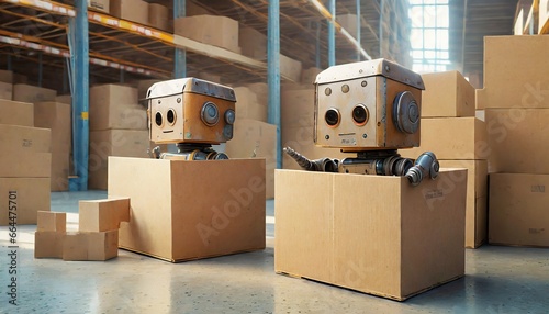 Two straight-faced cute retro rusty robots with blank stares sitting in cardboard boxes on the floor inside a warehouse 