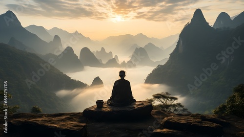 A person meditating on a mountain, finding serenity and spiritual healing in nature, Created with Generative AI Technology photo