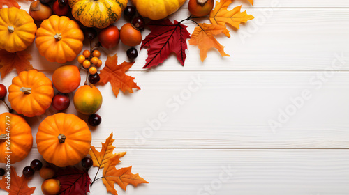 A lively assortment of pumpkins  berries  and foliage adorned on a blanched wood mat  creating a perfect Thanksgiving Halloween atmosphere.