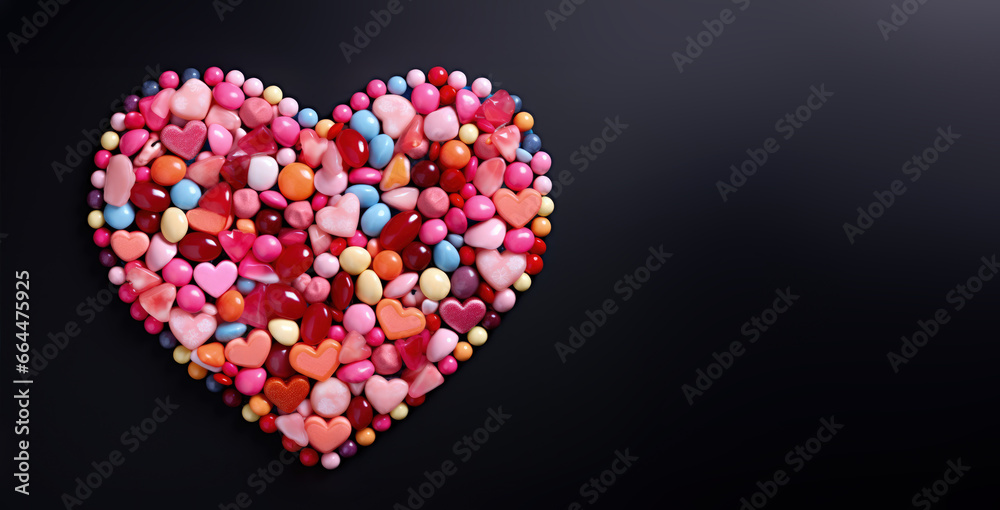 Heart made with sweets and jelly, Valentines Day banner with copy-space