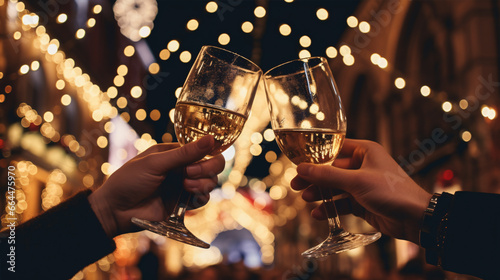 Fingers clasp flutes of bubbly and inspect among the yuletide illuminations.