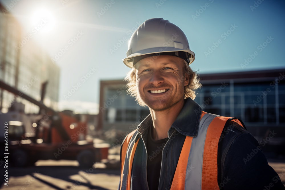 portrait of smiling male engineer on site wearing hard hat in sunshine, high vis vest, and ppe portrait of smiling male engineer on site wearing hard hat in sunshine, high vis vest, and ppe