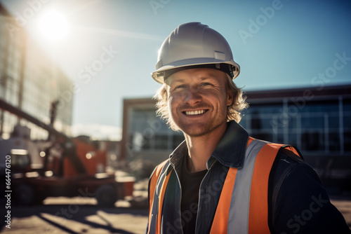 portrait of smiling male engineer on site wearing hard hat in sunshine, high vis vest, and ppe 