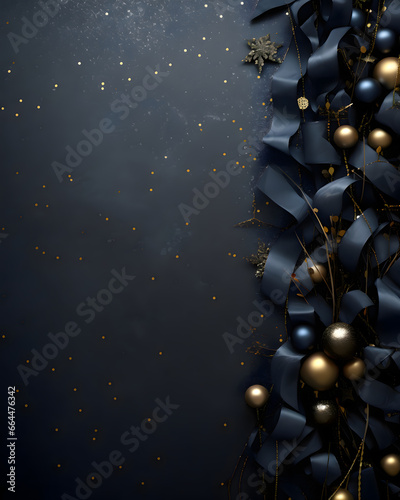 Elegant christmas balls and ribbons on a black industrial background - festive celebration design theme photo