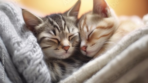 Cute kitties in love sleeping together on a gray, cozy knit blanket.