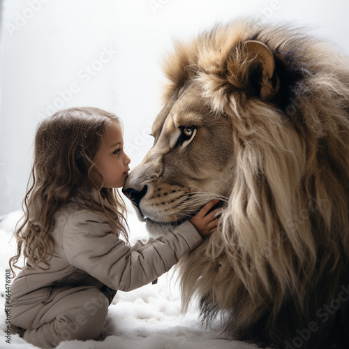 Profile of a fearless Child gently touching the face of a peacfull very large lion  ai generatetd