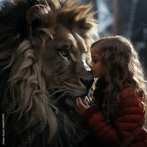 Profile of a fearless Child gently touching the face of a peacfull very large lion, ai generatetd photo