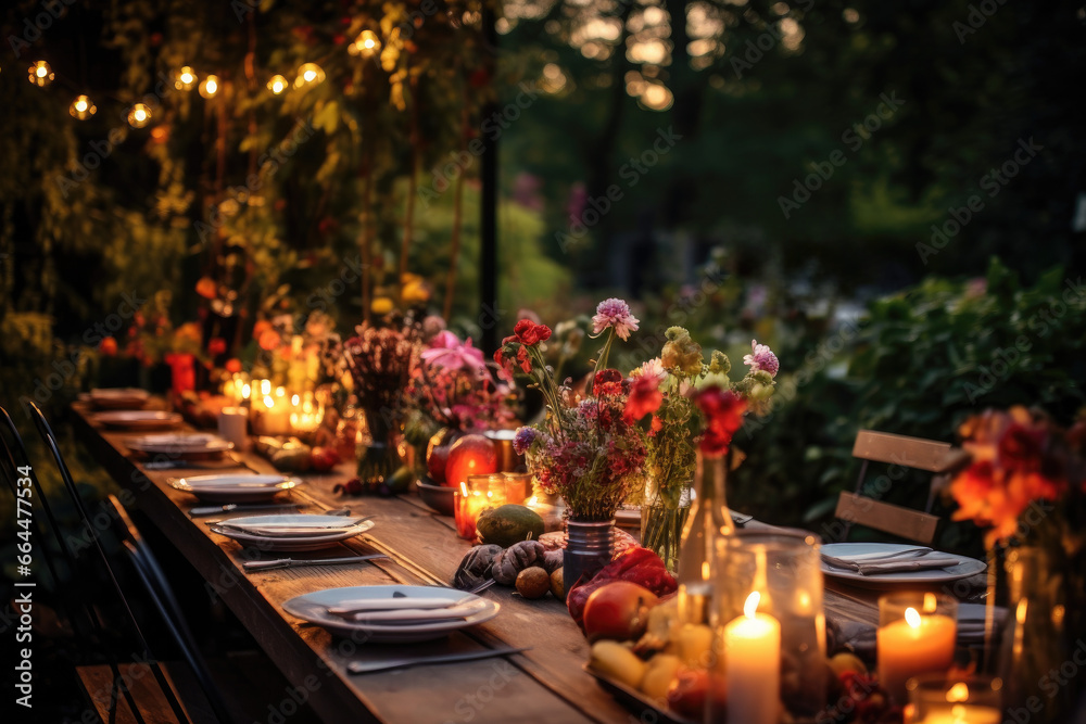 gedeckter Gartentisch mit Blumen, Kerzen und Lampions, set garden table with flowers, candles and lanterns