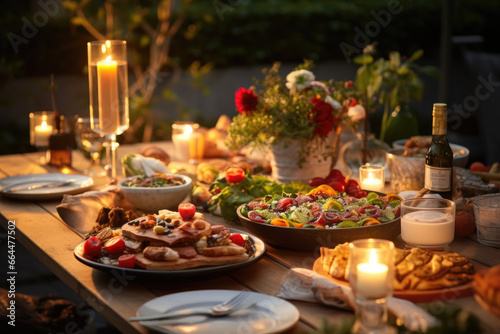 gedeckter Gartentisch mit Blumen  Kerzen und Lampions  set garden table with flowers  candles and lanterns