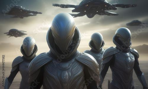 Atmospheric alien battle force with spaceships flying over.  Generative AI