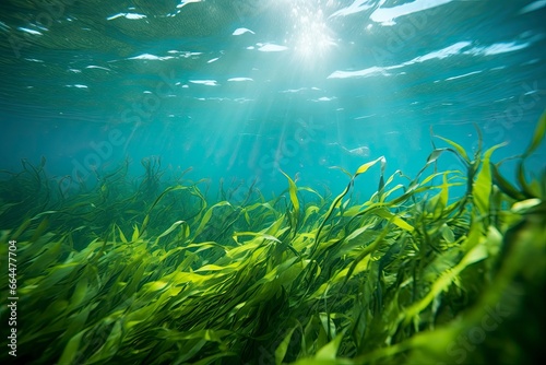 Underwater view of a group of seabed with green seagrass. © MSTASMA