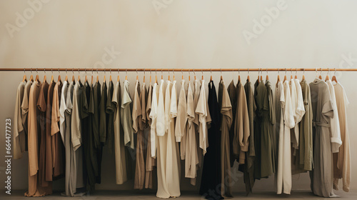 Generative AI, Cloth store aesthetic background, photo of clothes hanging on hangers, muted neutral colors  © DELstudio