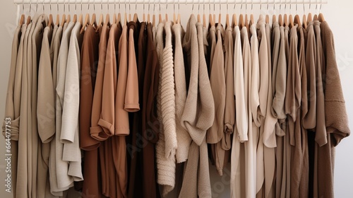 Generative AI, Cloth store aesthetic background, photo of clothes hanging on hangers, muted neutral colors 
