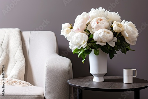 Vase of white peonies with coffee table and armchair near grey wall.