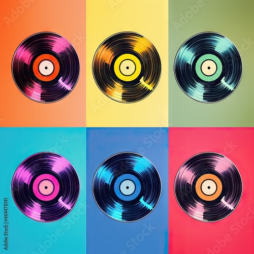 Pattern with vinyl records with colorful labels. Round shaped classic vinyl record for music with colorful circles in row. Retro and vintage design. Oldschool, 70's, 80's music concept 