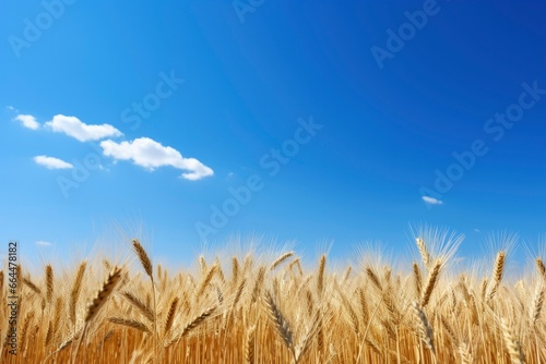 Wheat field under blue sky.