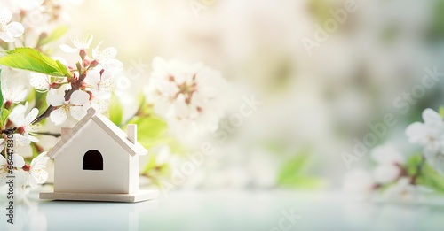 Toy house and cherry flowers, spring abstract natural background. © MSTASMA