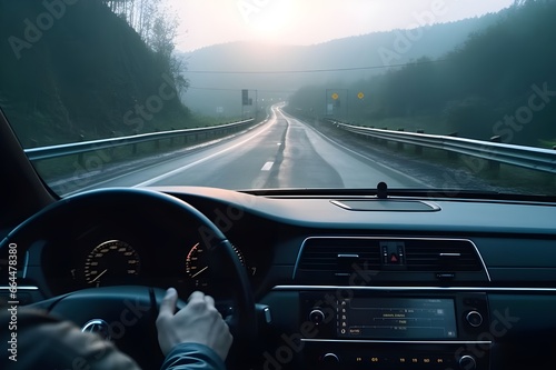 Man driving a car on the highway at sunset. View from inside the car.