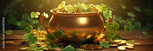 banner St Patricks day with treasure of leprechaun, pot full of golden coins and shamrocks on festive green background. photo