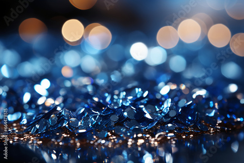 Sapphire glitter bokeh background. Unfocused shimmer royal blue sparkle. Crystal droplets wallpaper. AI generative photo