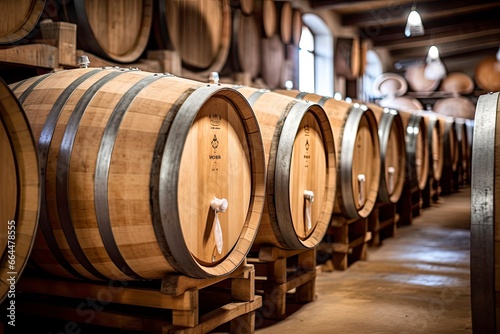 Wooden oak Port barrels in neat rows.