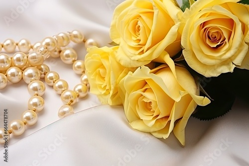 Yellow roses bouquet and pearls in white background.