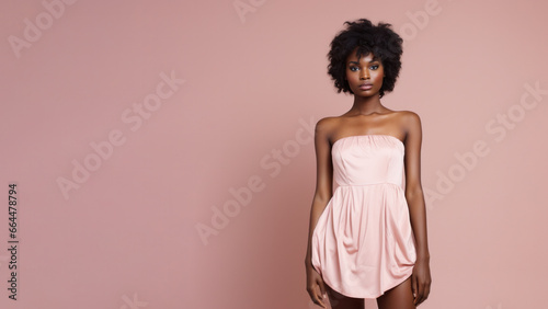 A young brunette woman in pink dress stands against a solid pink background. Studio. Isolated pink background. 