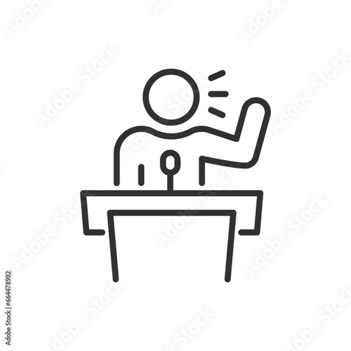 Person behind the podium speaks into a microphone, linear icon. Line with editable stroke