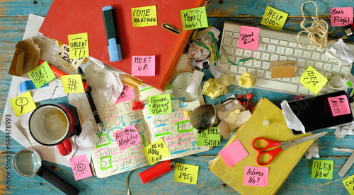Messy workplace,chaotic office, overworked, bureaucracy,red tape concept with grungy desk,sticky notes and  various office supplies, chaotic mess.