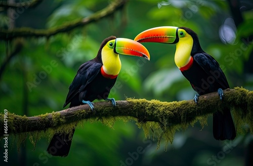 Toucan sitting on the branch in the forest.