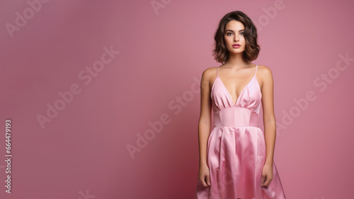 A young brunette woman in pink dress stands against a solid pink background. Studio. Isolated pink background. 