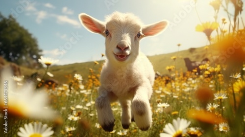 Funny little newborn goat jumping in the flower field. animal farm.