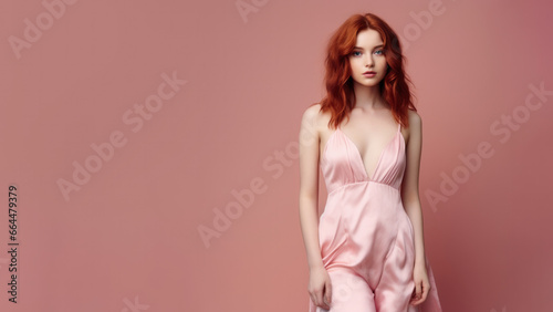 A young redhead woman in pink dress stands against a solid pink background. Studio. Isolated pink background. 