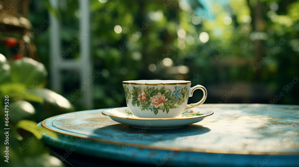 Cup of coffee put on the table in the green garden, closeup view and blurred background Cup of coffee put on the table in the green garden, closeup view and blurred background
