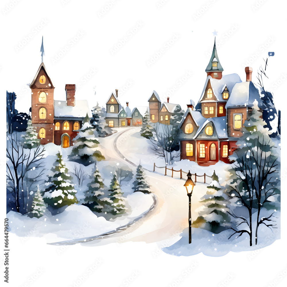 Christmas village watercolor, kids illustration