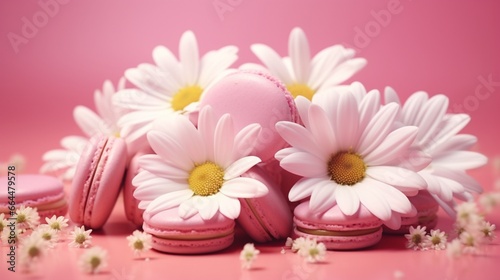 Daisies on a pink background with a macaron. Lay flat