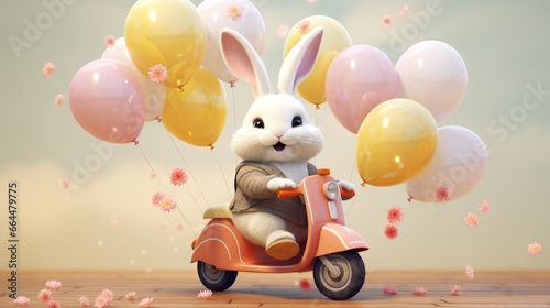 A cute bunny on a scooter with three-dimensional balloons.